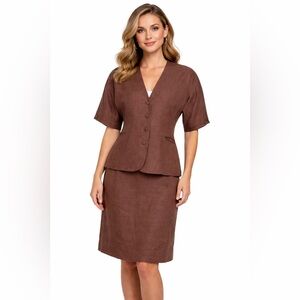 Vintage Chocolate Brown 100% Linen Co-Ord Skirt Set Career Quiet Luxury Office
